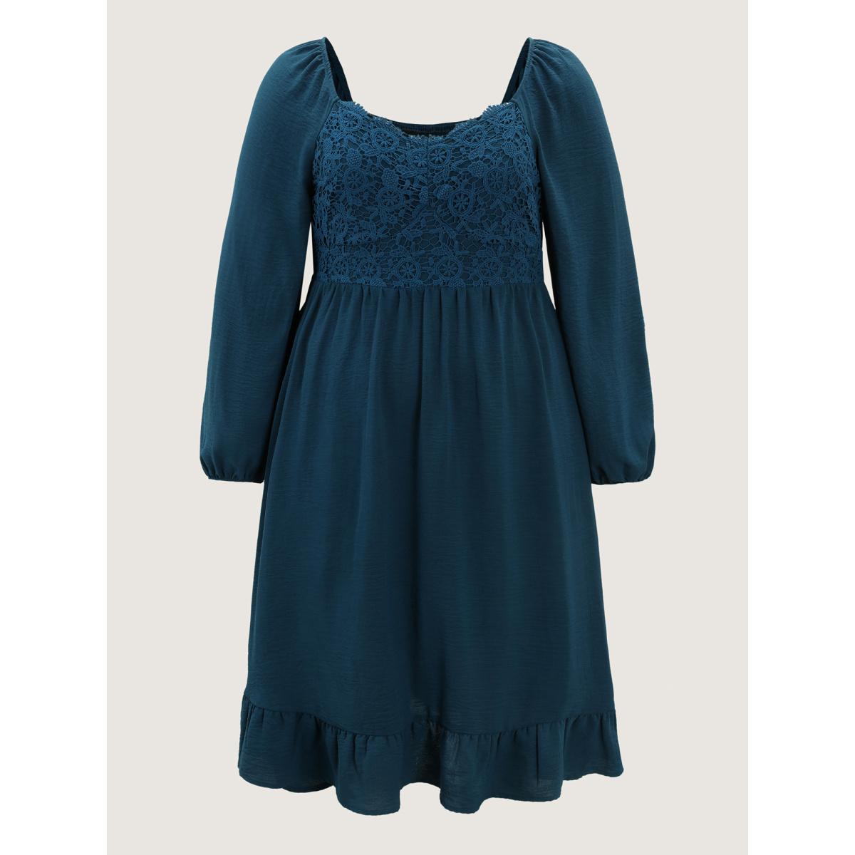 Plus Size Floral Lace Sweetheart Neckline Midi Dress Mediumblue Women Timeless Texture Heart neckline Long Sleeve Curvy BloomChic 10/M Product Image