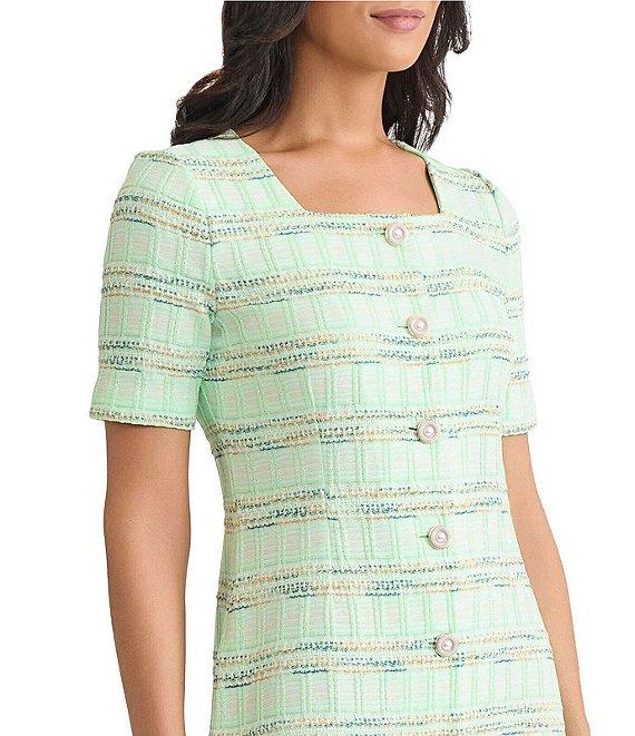 MISOOK Soft Plaid Knit Square Neck Short Sleeve A-Line Dress Product Image