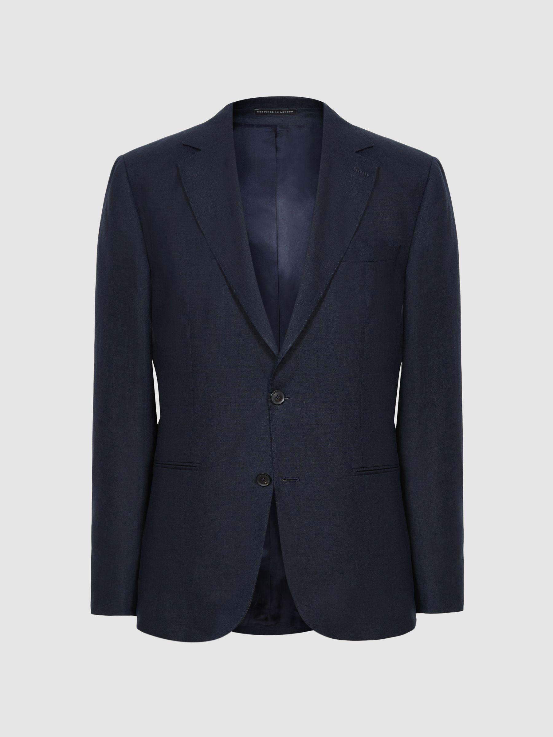 Slim Fit Single Breasted Linen Blazer in Navy Product Image