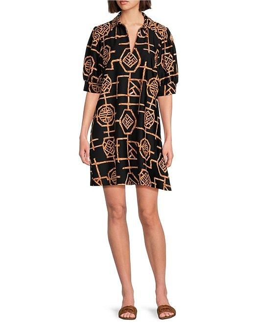 Jude Connally Emerson Bamboo Lattice Print Jude Cloth Knit Point Collar Puffed Sleeve Shift Dress Product Image