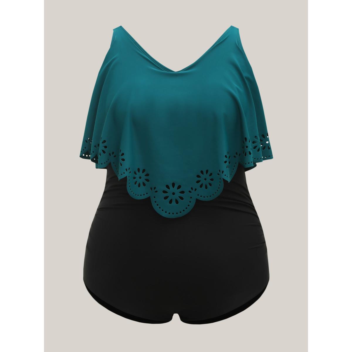 Plus Size Color Block Laser-Cut One-Piece Swimsuit Women's Swimwear Cyan Beach Laser Curve Bathing Suits High stretch One Pieces BloomChic 22-24/3X Product Image