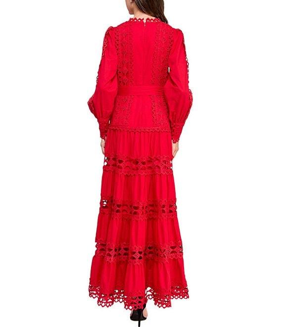 Layered With Love Woven Cotton Crew Neck Blouson Sleeves Belted Crochet Trim A-Line Maxi Dress Product Image