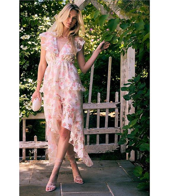 Layered With Love Isabella Burnout Floral Jacquard V-Neck Sleeveless Ruffle Hi-Low Hem A-Line Midi Dress Product Image