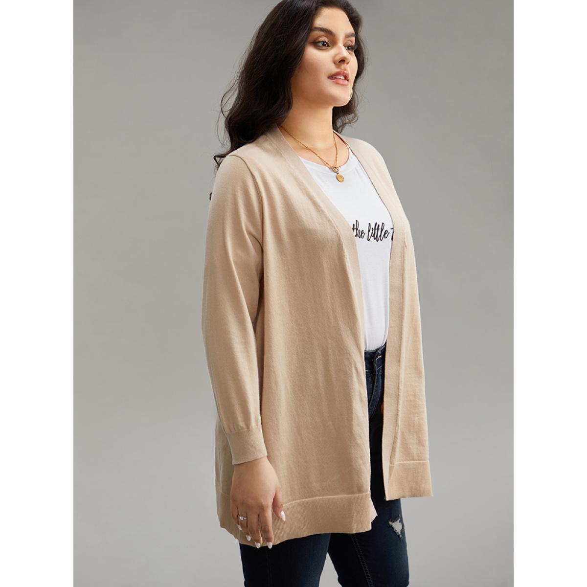 Plus Size Solid Elastic Cuffs Open Front Cardigan Champagne Women Casual Loose Long Sleeve Everyday Cardigans BloomChic 10/M Product Image