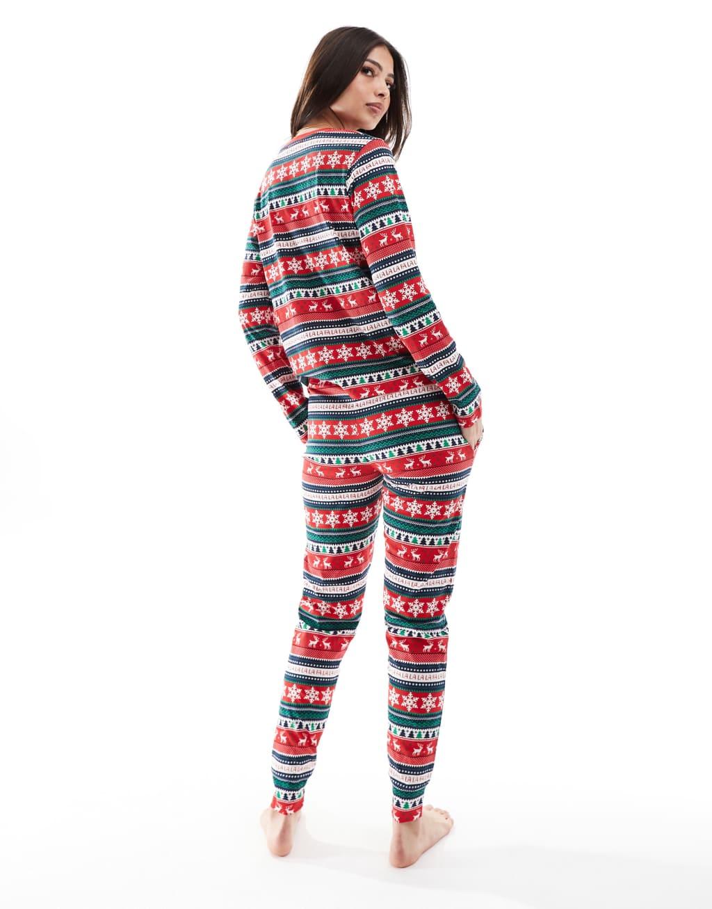 Threadbare Christmas fairisle print long pajama set in red Product Image