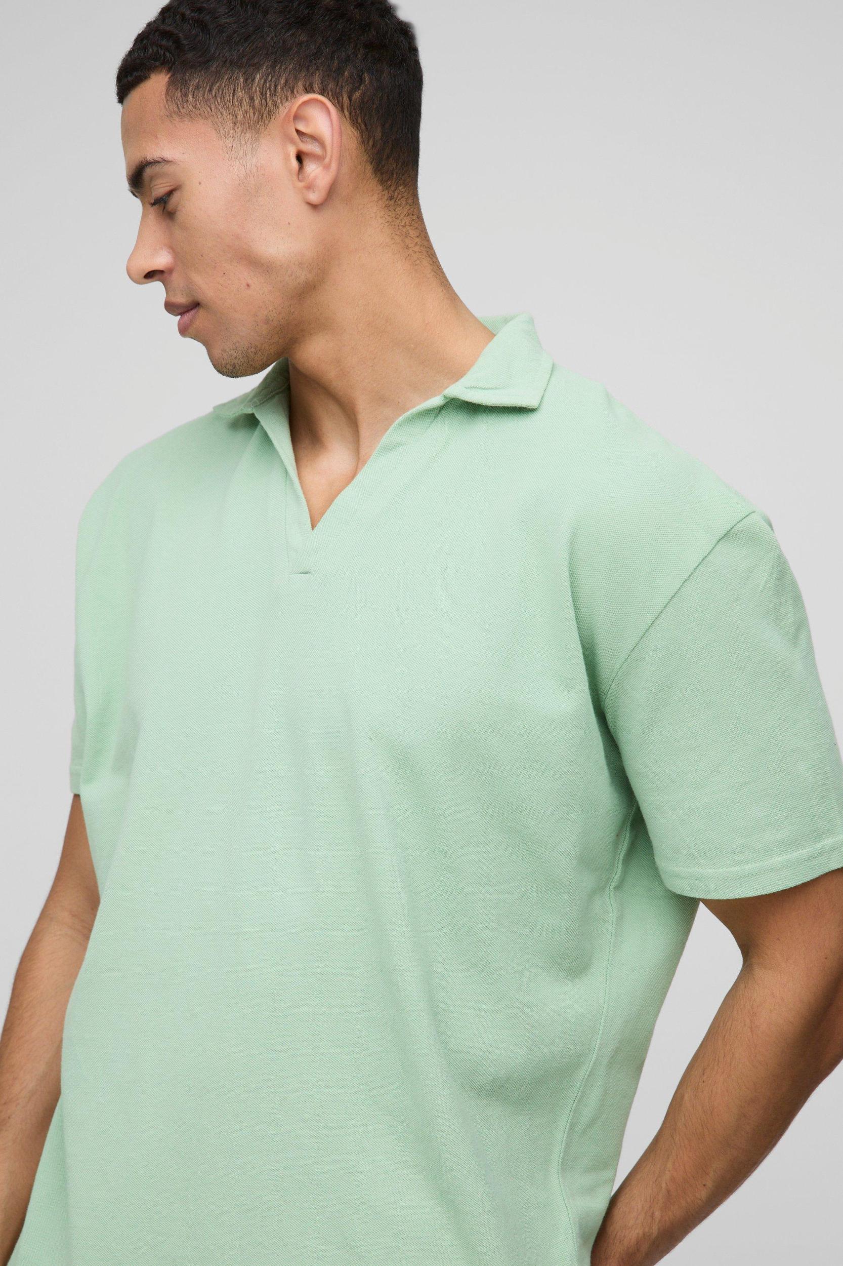 Oversized V Neck Pique Wash Polo | boohooMAN USA Product Image