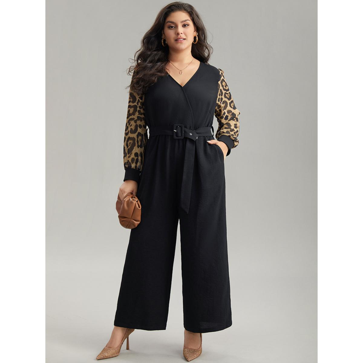 Plus Size Black Leopard Patchwork Wrap Buckle Detail Belted Jumpsuit Women Glamour Long Sleeve V-neck Going out Loose Jumpsuits BloomChic 28/5X Product Image