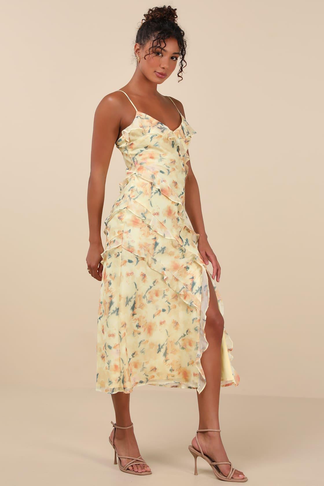 Dreamy Personality Yellow Floral Ruffled Sleeveless Midi Dress Product Image