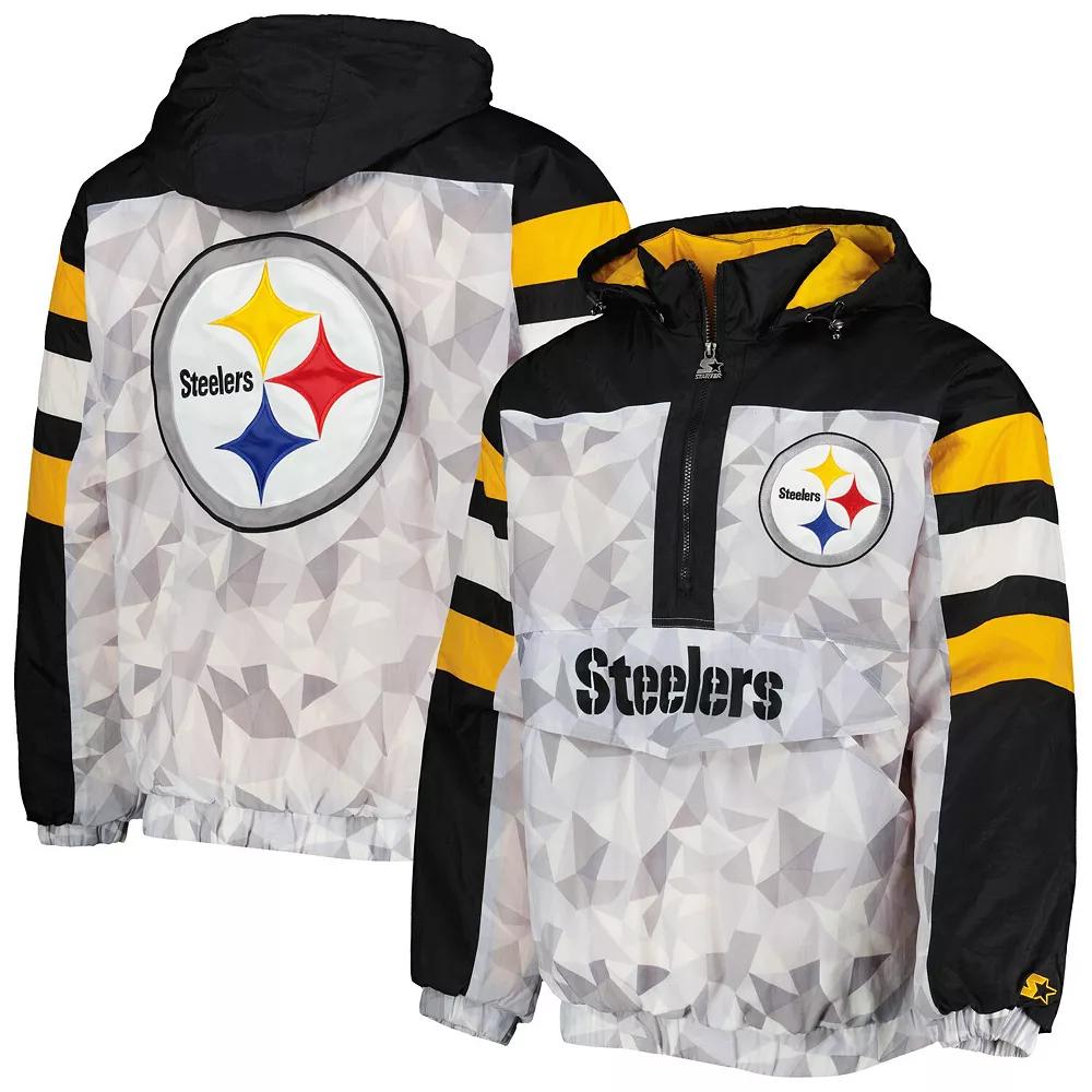Men's Starter White/Black Pittsburgh Steelers Thursday Night Gridiron Raglan Half-Zip Hooded Jacket, Size: Medium Product Image