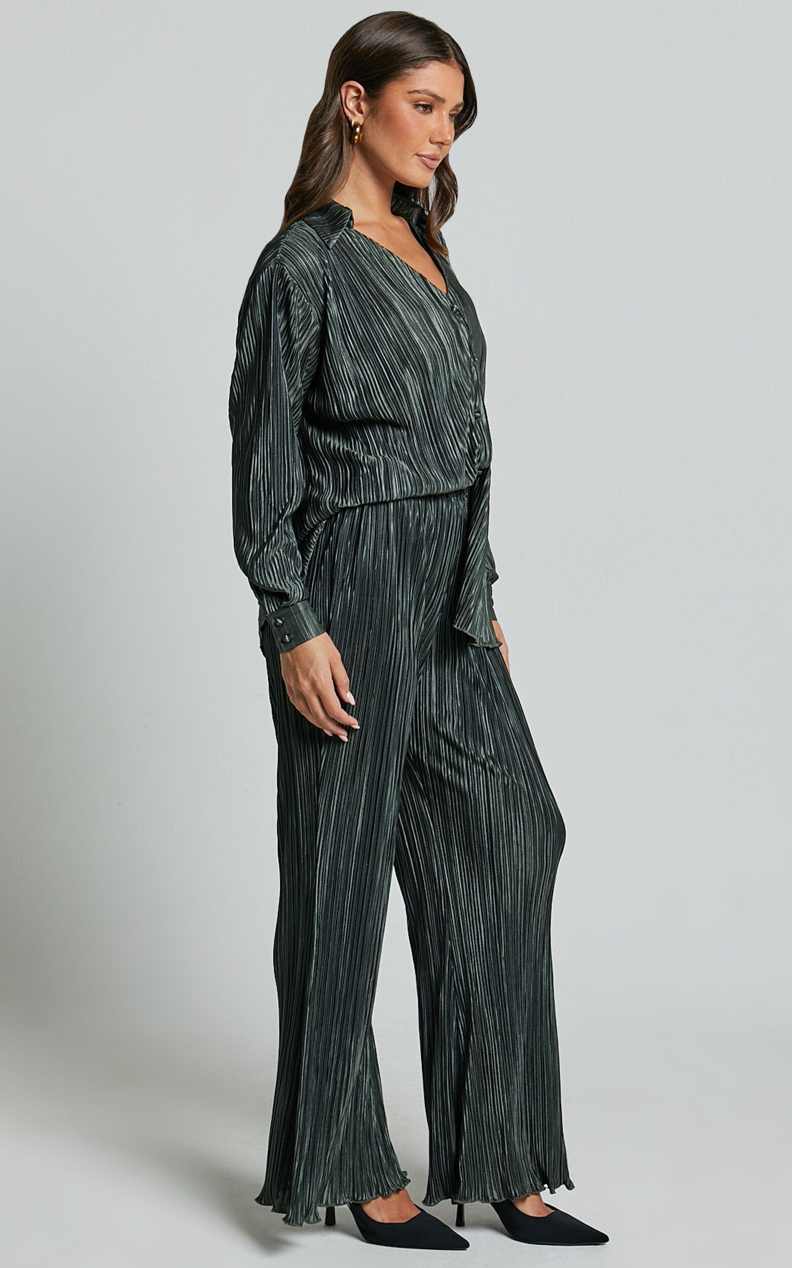 Beca Pants - High Waisted Plisse Flared Pants in Olive Product Image