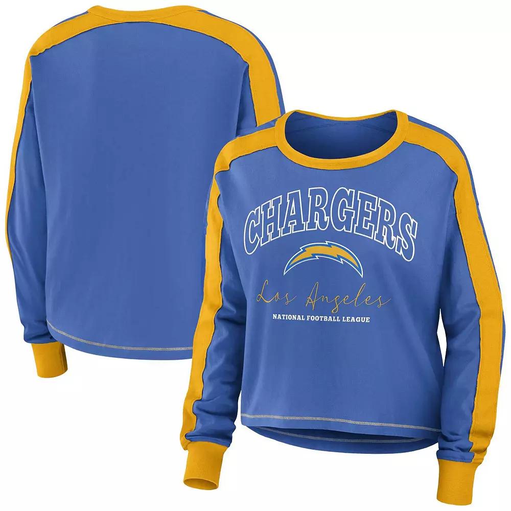 Women's WEAR by Erin Andrews Powder Blue/Gold Los Angeles Chargers Color Block Long Sleeve T-Shirt,  Product Image