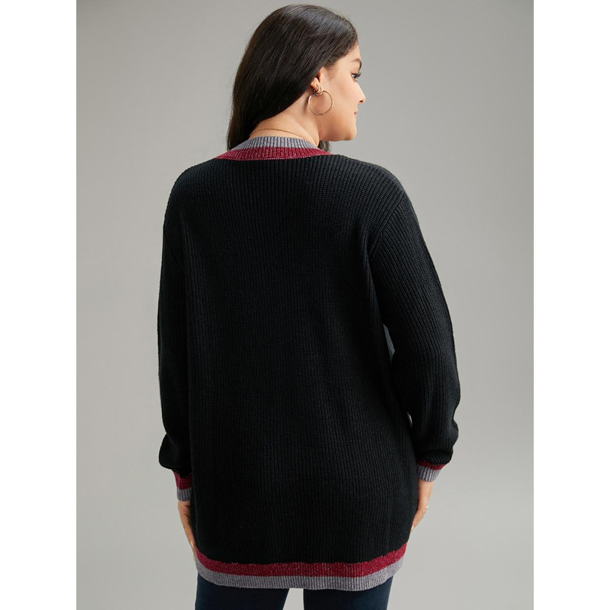 Plus Size Two Tone Trim V Neck Plisse Pullover Black Women Casual Loose Long Sleeve V-neck Dailywear Pullovers BloomChic 14-16/1X Product Image