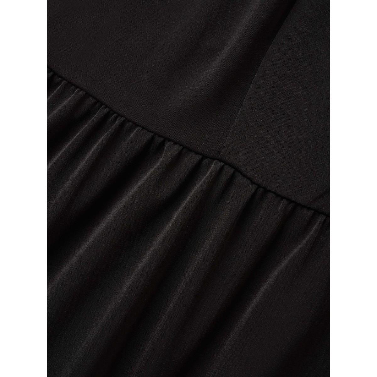 Plus Size Black Shirt Collar Solid Button Detail Gathered Blouse Women At the Office Short sleeve Shirt collar Work Blouses BloomChic 14-16/1X Product Image