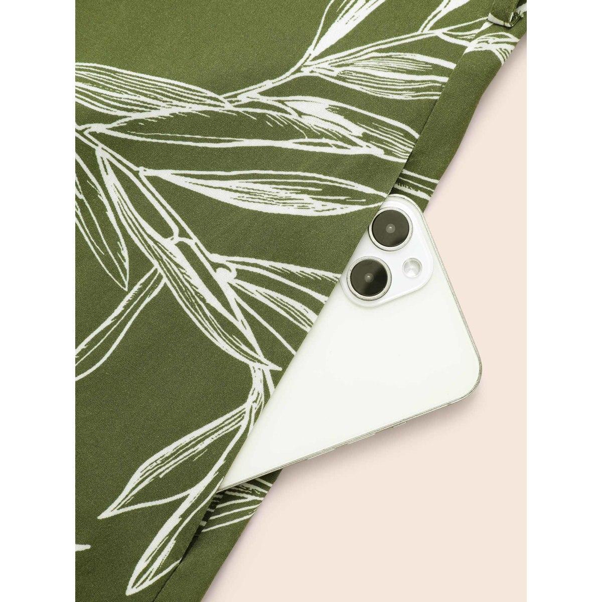 Plus Size Shirt Collar Plants Print Belted Dress Olive Women Casual Shirt collar Long Sleeve Curvy BloomChic 14-16/1X Product Image