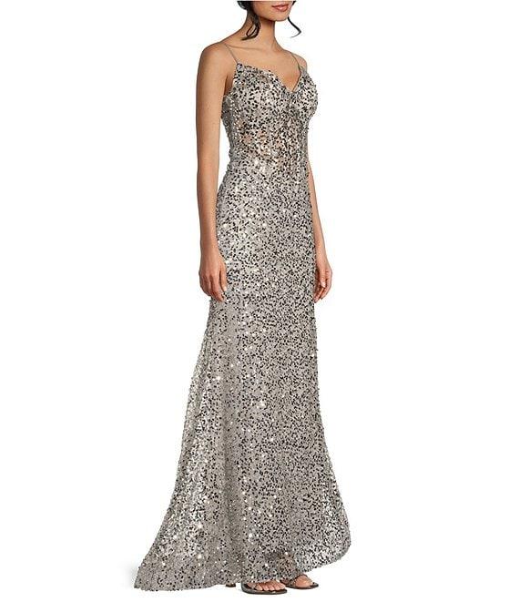 B. Darlin Spaghetti Strap Corset Beads And Sequins Long Dress Product Image