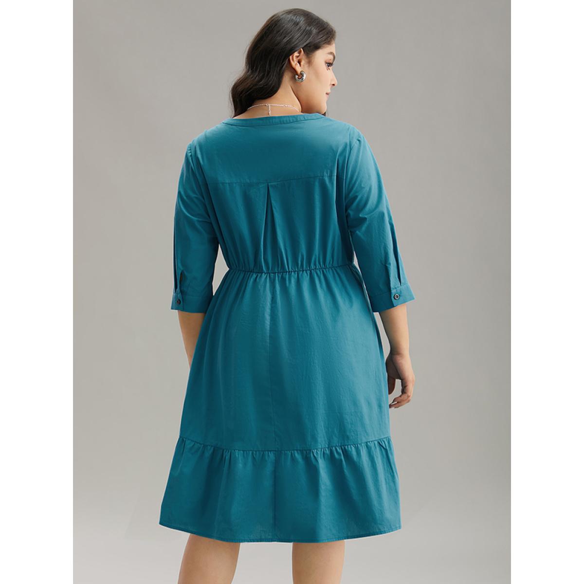 Plus Size Solid Button Up Ruffles Pocket Gathered Dress Aegean Women Office Plain Round Neck Elbow-length sleeve Curvy Midi Dress BloomChic 18-20/2X Product Image