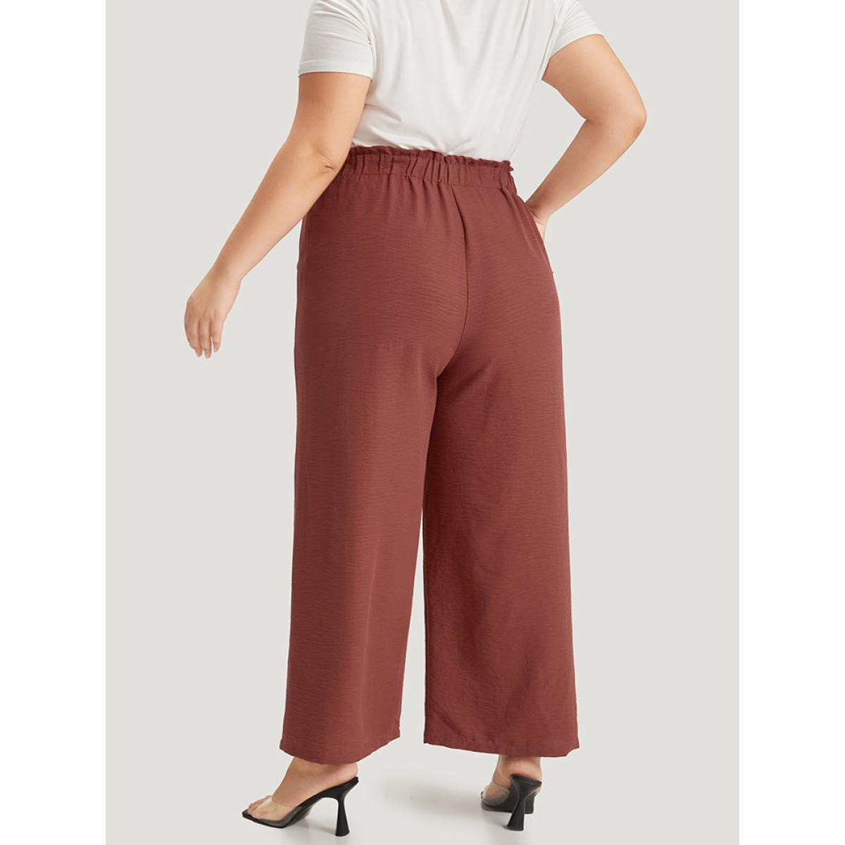 Plus Size Solid Paperbag Waist Pocket Ties Pants Women Tan Elegant High Rise Dailywear Pants BloomChic 10/M Product Image