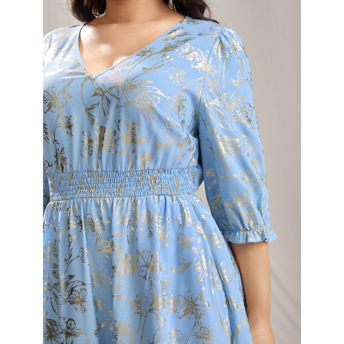 Plus Size Shimmery Textured Shirred Waist Maxi Dress LightBlue Women V-neck Elbow-length sleeve Curvy BloomChic 10/M Product Image