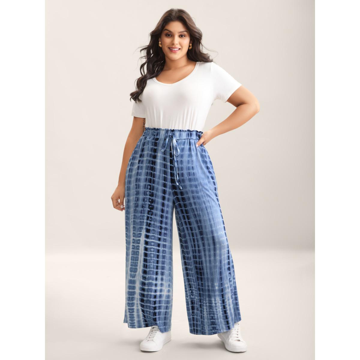 Plus Size Tie-Dye Wide-Leg Pants Women Indigo Casual Wide Leg Mid Rise Everyday-Casual Pants BloomChic 18-20/2X Product Image