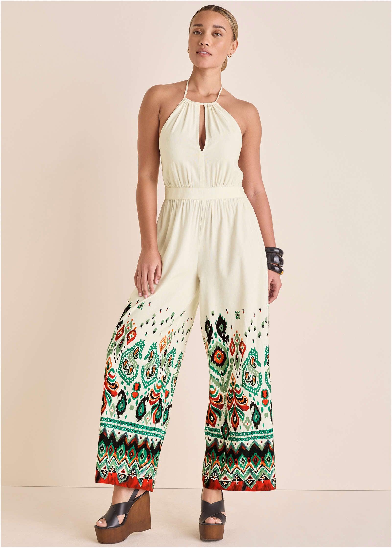 Linen Halter Jumpsuit - Seti Olive Ikat Product Image