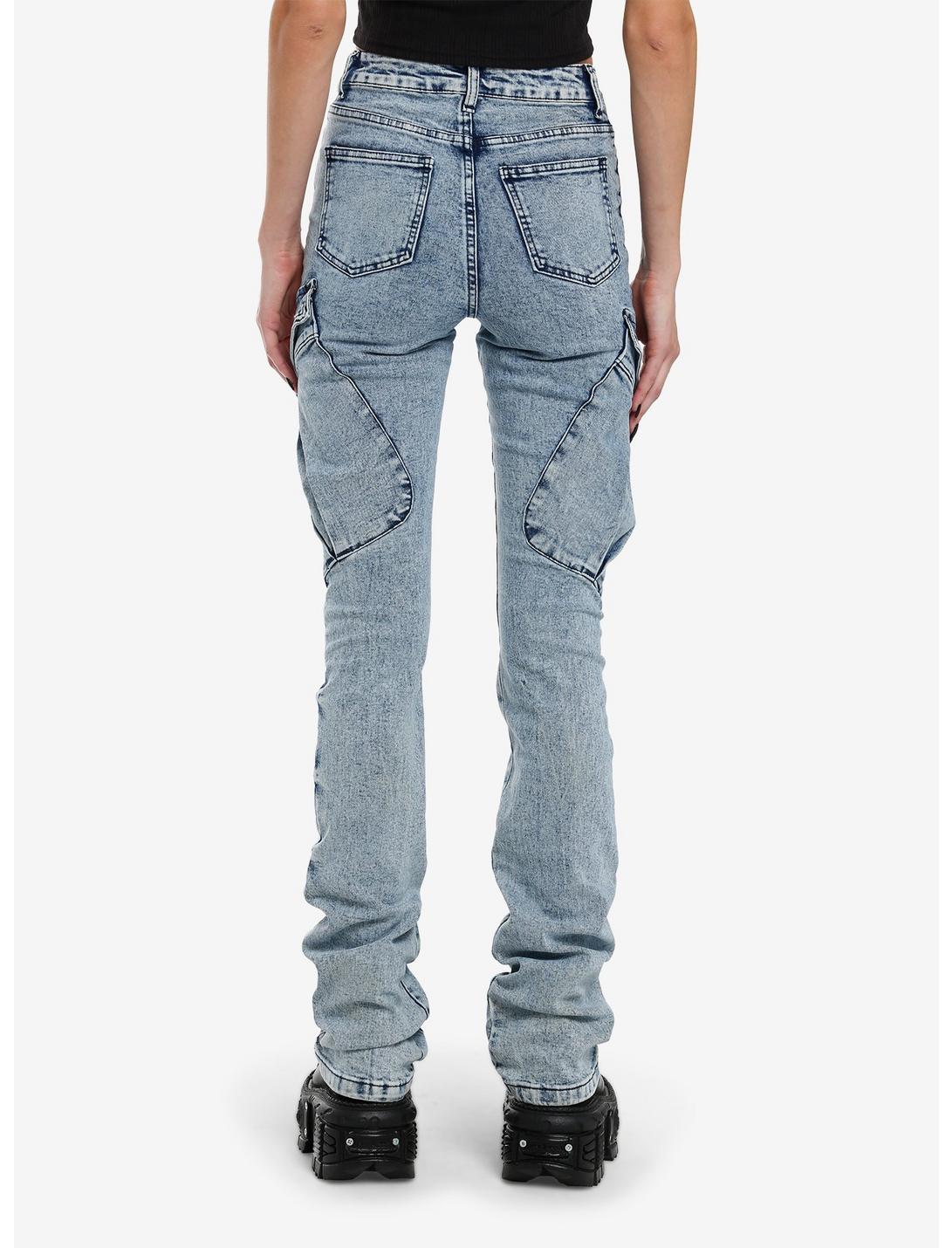 Light Indigo Acid Wash Cargo Stacked Denim Pants Product Image