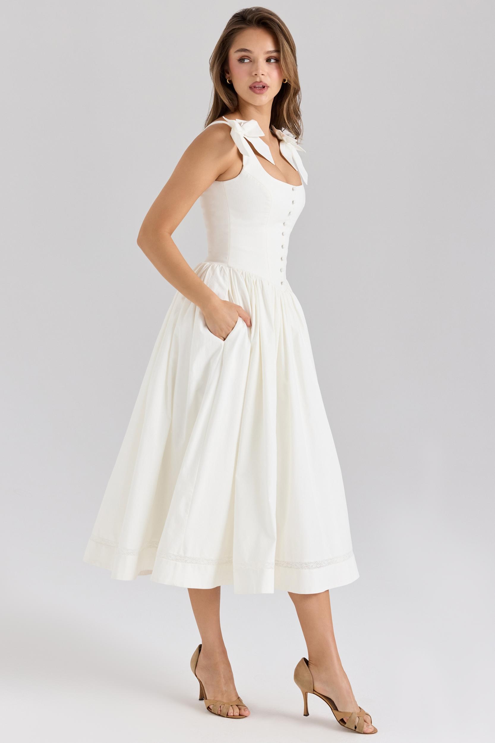 Lillia  white stretch cotton bow midi dress Product Image
