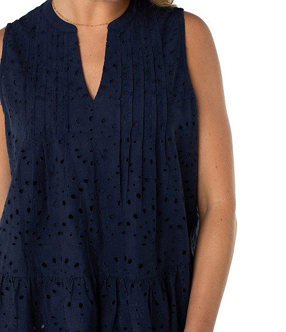 Liverpool Los Angeles Petite Size Allover Eyelet Embroidered Split Round V-Neck Sleeveless Top Product Image