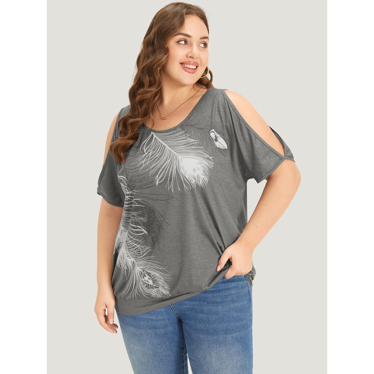 Plus Size Feather Print Cold Shoulder Crew Neck T-shirt Gray Women Elegant Printed Feather Round Neck Dailywear T-shirts BloomChic 30/6X Product Image