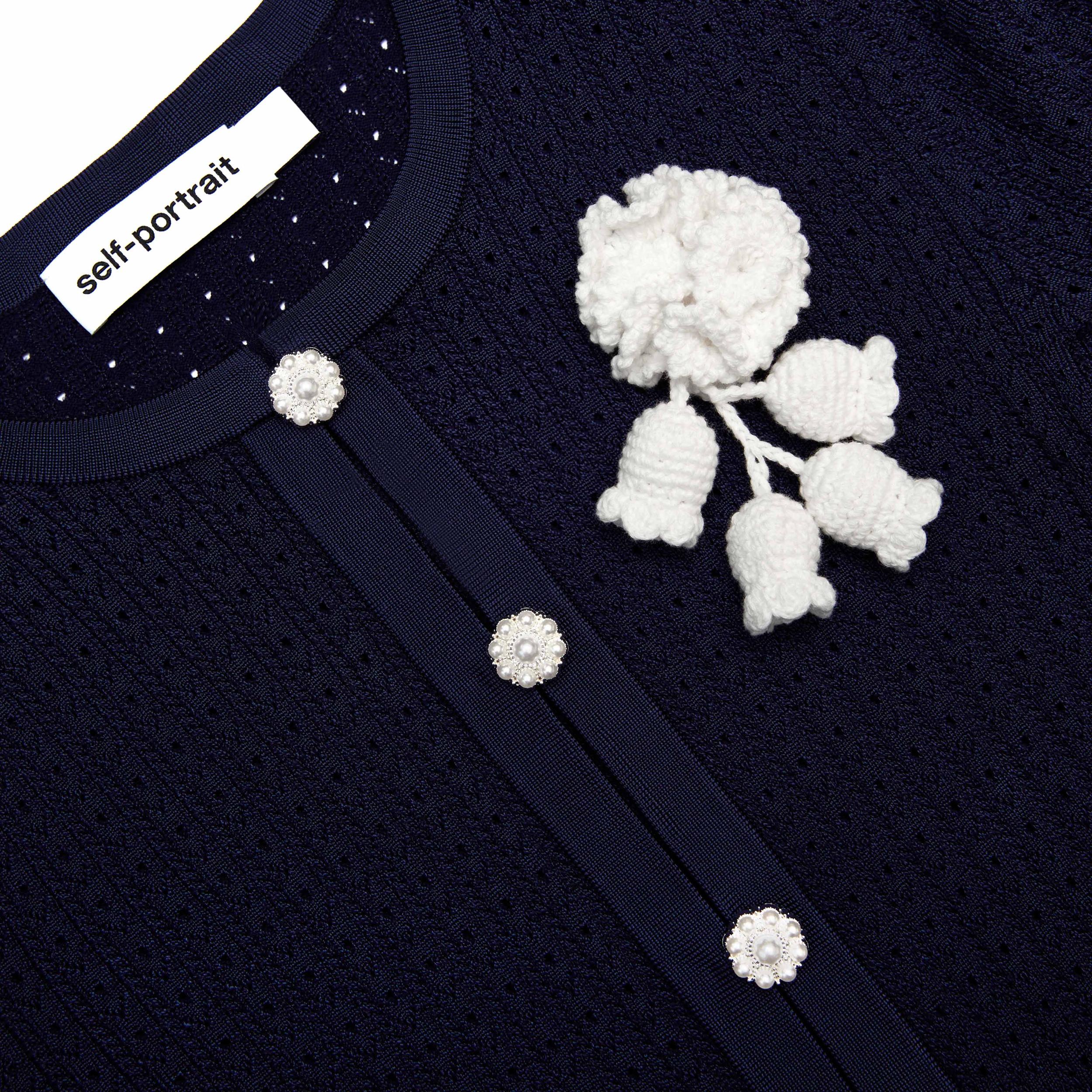 Navy Pointelle Knit Crochet Flower Mini Dress Product Image