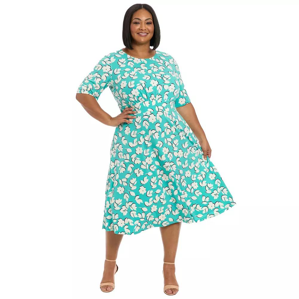Plus Size London Times Floral Print Elbow Sleeve Inset Waist Midi Dress, Women's, Size: 14 W, Aqua Ivory Product Image