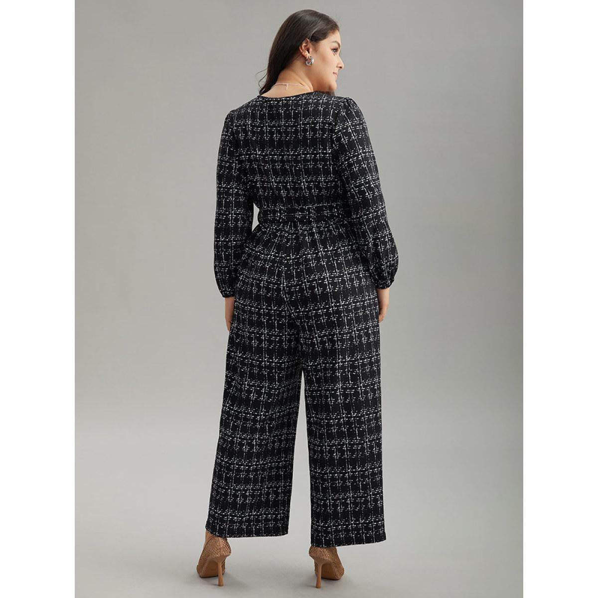 Plus Size Black Textured Button Up Elastic Waist Belted Jumpsuit Women Office Long Sleeve Round Neck Work Loose Jumpsuits BloomChic 18-20/2X Product Image