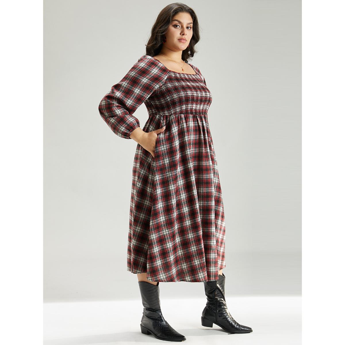 Plus Size Square Neck Plaid Shirred Lantern Sleeve Dress Red Women Casual Elastic cuffs Square Neck Long Sleeve Curvy Midi Dress BloomChic 14-16/1X Product Image