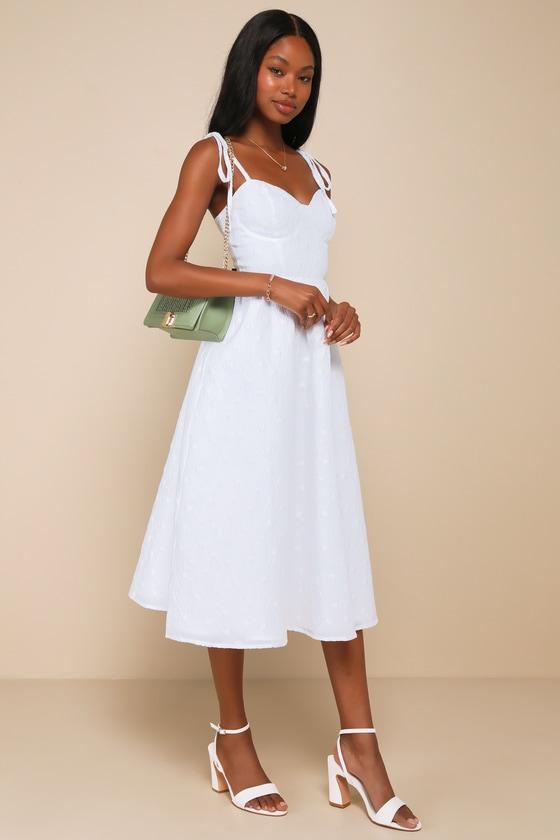 Exceedingly Dreamy White Textured Floral Tie-Strap Midi Dress Product Image