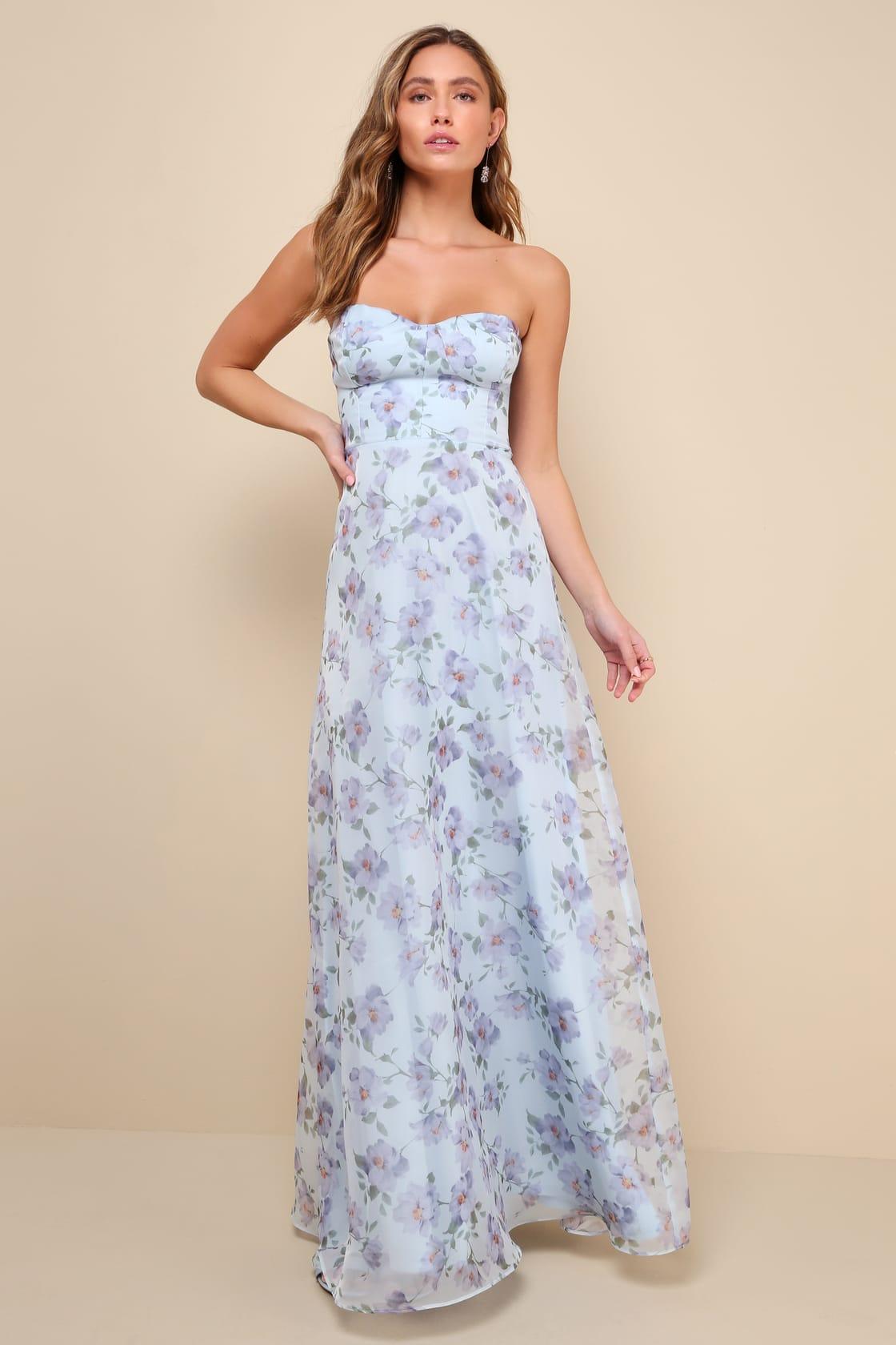 Chic Preciousness Light Blue Floral Organza Bustier Maxi Dress Product Image