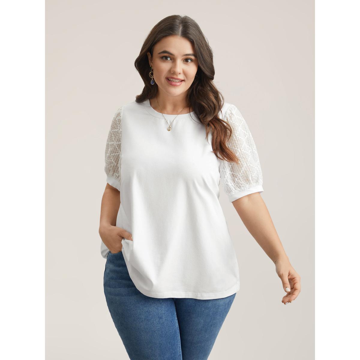 Plus Size Textured Bubble Lantern Sleeve T-Shirt Originalwhite Women Timeless Texture Round Neck Elegant T-shirts BloomChic 26/4X Product Image