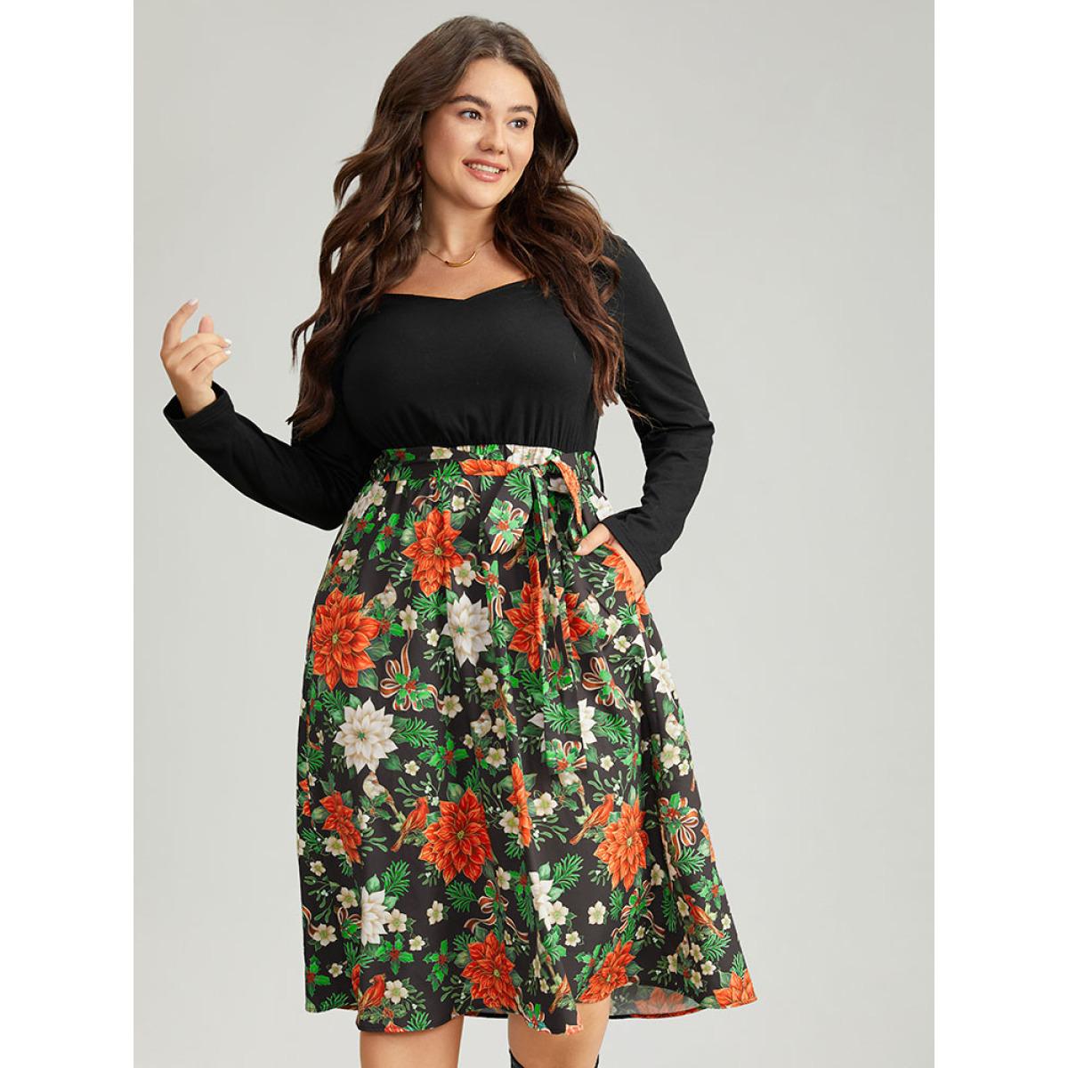 Plus Size Square Neck Floral Print Belted Contrast Dress Black Women Office Belted Square Neck Long Sleeve Curvy Midi Dress BloomChic 14-16/1X Product Image