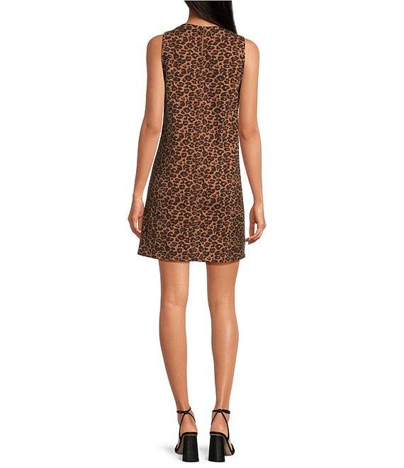 Skies Are Blue Leopard Print Crew Neck Sleeveless Denim Dress Product Image
