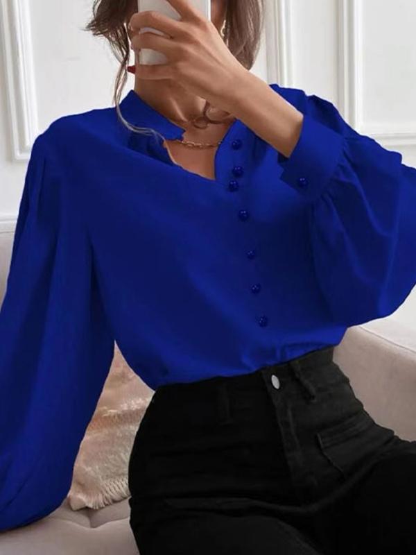 Loose Puff Sleeves Pleated Solid Color Split-Joint Stand Collar Blouses Product Image