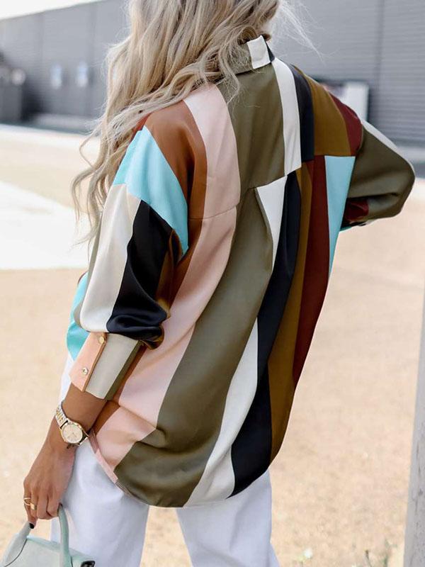 Long Sleeves Loose Contrast Color Printed Lapel Blouses Product Image