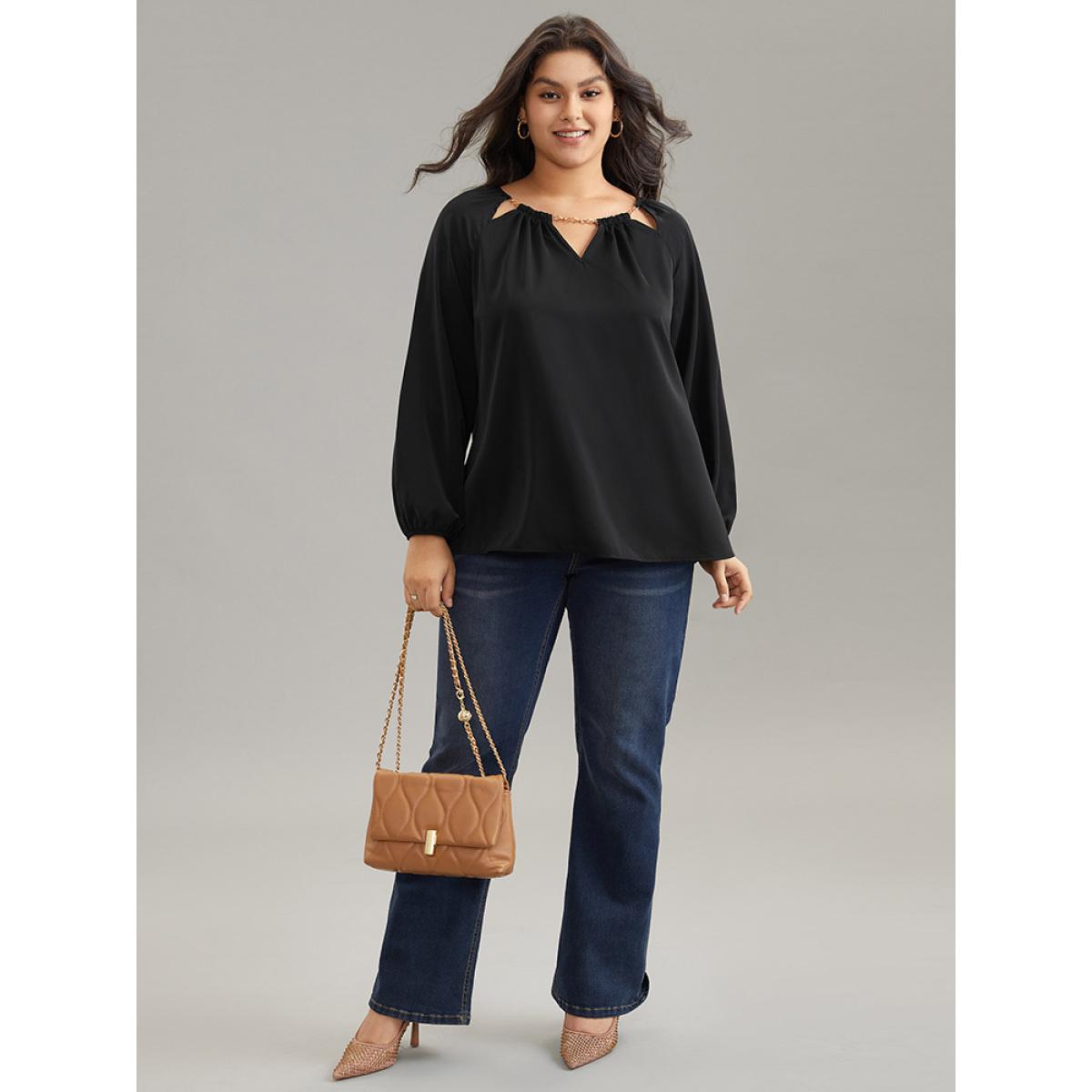 Plus Size Black Static-Free Chain Detail Cut Out Raglan Sleeve Blouse Women Office Long Sleeve Round Neck Office Blouses BloomChic 10/M Product Image