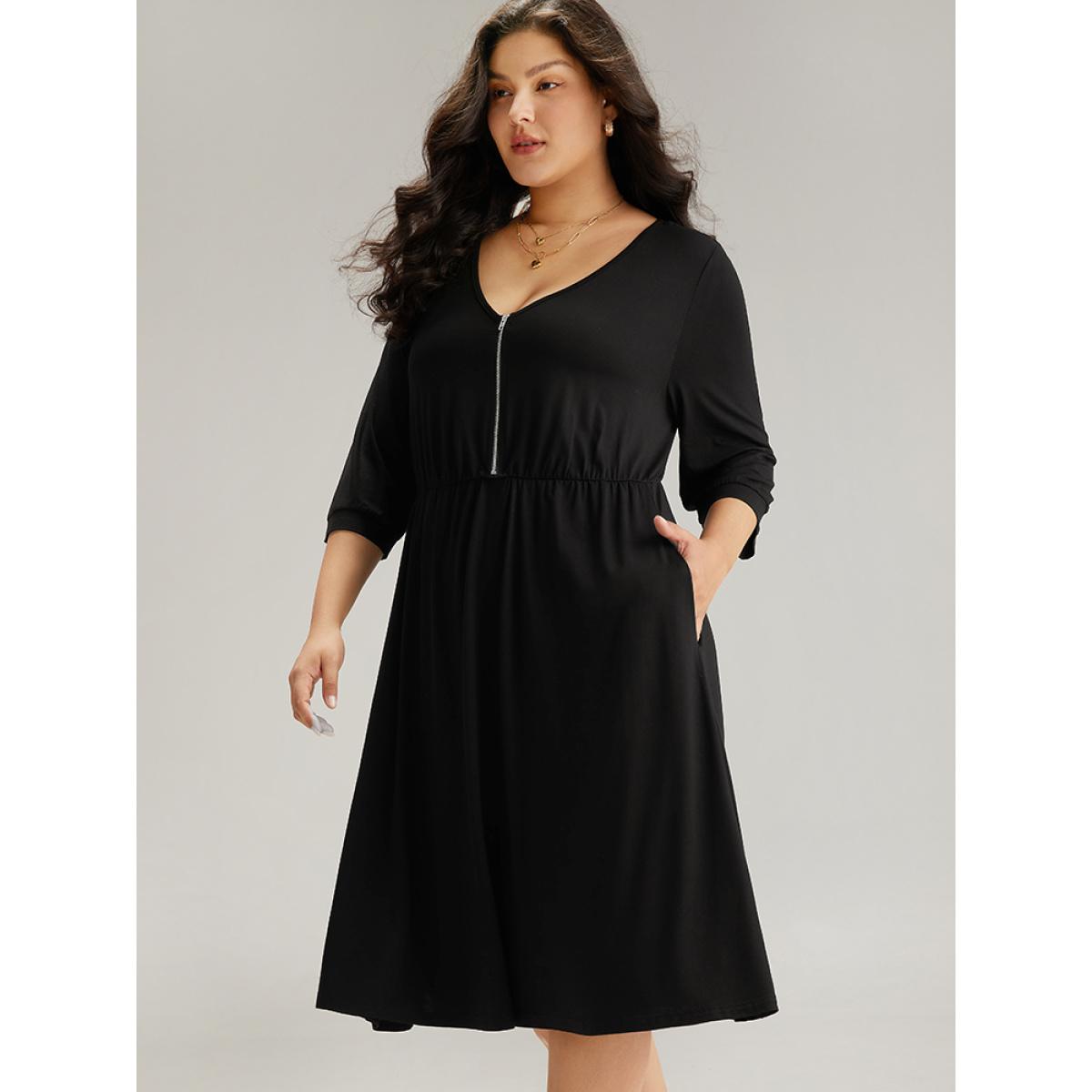 Plus Size Plain Pocket Elastic Waist Zipper Dress Black Women Office Plain V-neck Elbow-length sleeve Curvy Midi Dress BloomChic 14-16/1X Product Image