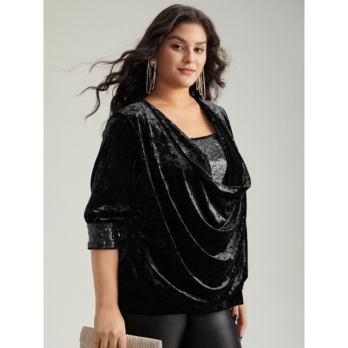 Plus Size Black Cowl Neck 2-In-1 Sequin Patchwork Blouse Women Party&Cocktail Elbow-length sleeve Cowl Neck Party Blouses BloomChic 22-24/3X Product Image