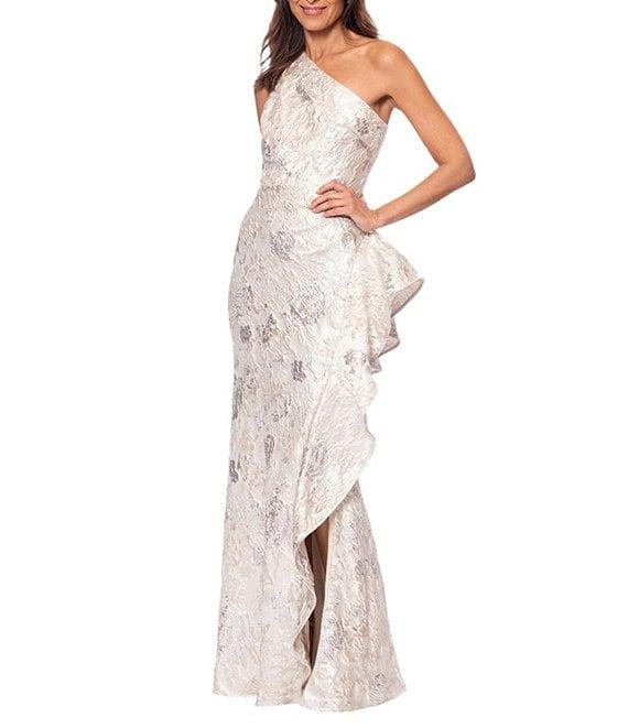 Xscape One Shoulder Cascading Side Ruffle Jacquard Sheath Gown Product Image