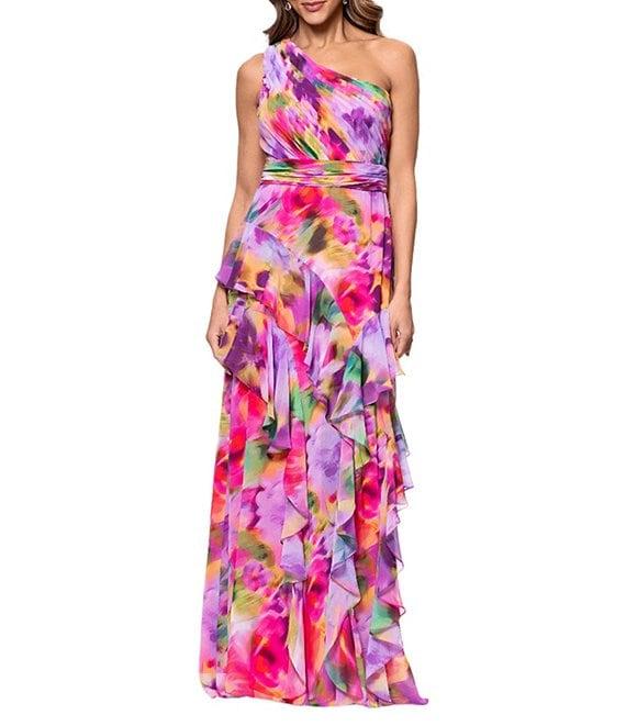 Xscape Chiffon Floral Print One Shoulder Neck Sleeveless Ruffle A-Line Gown Product Image