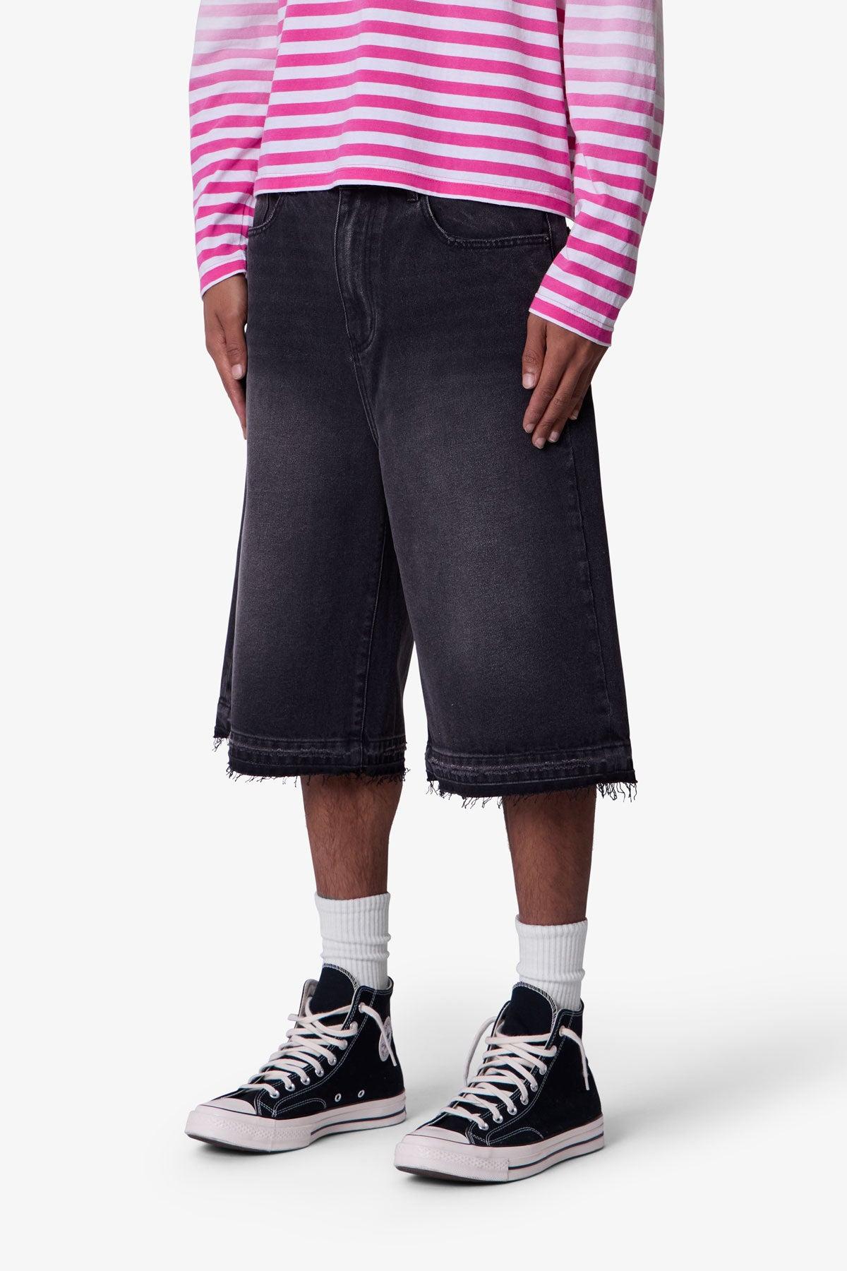 Ultra Baggy Raw Hem Denim Shorts - Washed Black Product Image