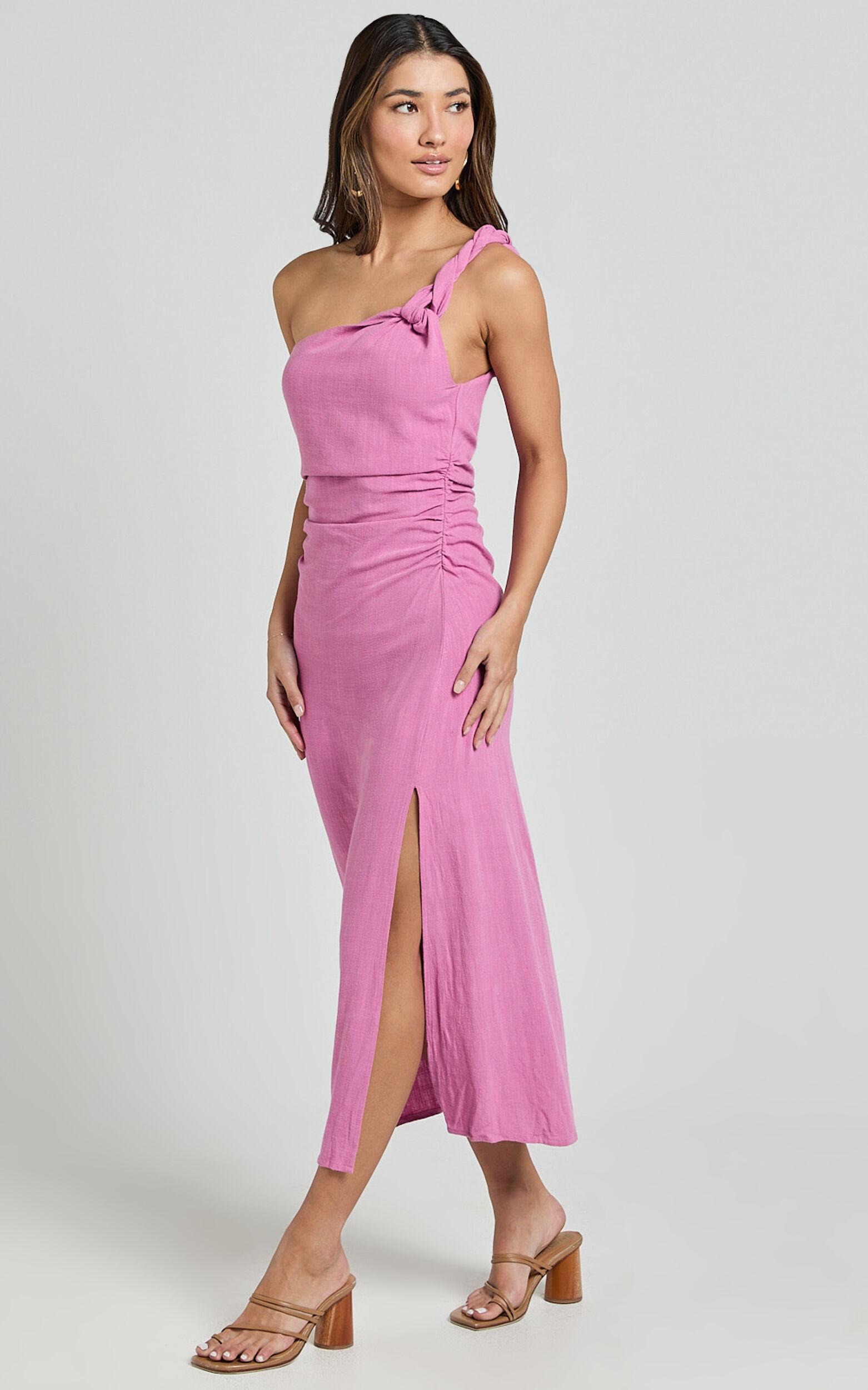 Finley Midi Linen Dress - Linen Feel One Shoulder Ruched Dress in Orchid Product Image