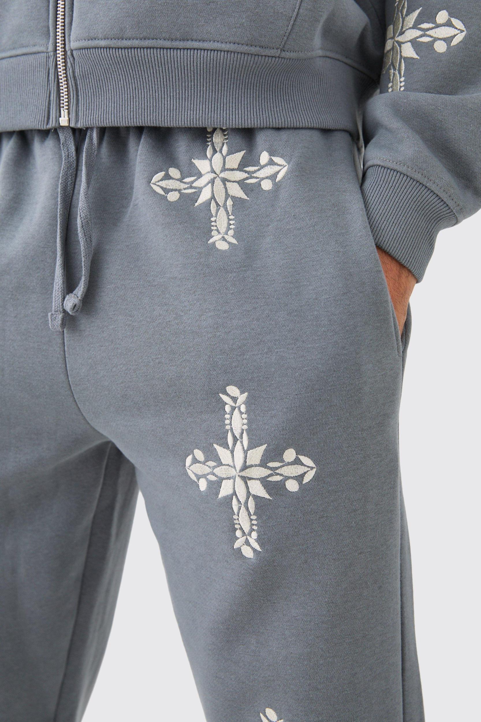 Regular Fit Split Hem Cross Embroidered Sweatpants | boohooMAN USA Product Image