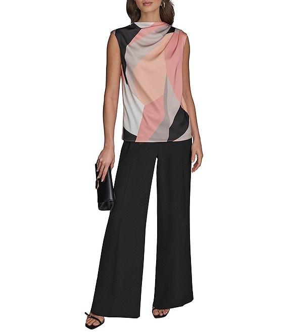 Donna Karan Charmeuse Mock Neck Sleeveless Gathered Shoulder Blouse Product Image