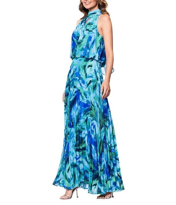 Xscape Chiffon Multi Print Halter Neck Sleeveless Keyhole Pleated Blouson Gown Product Image