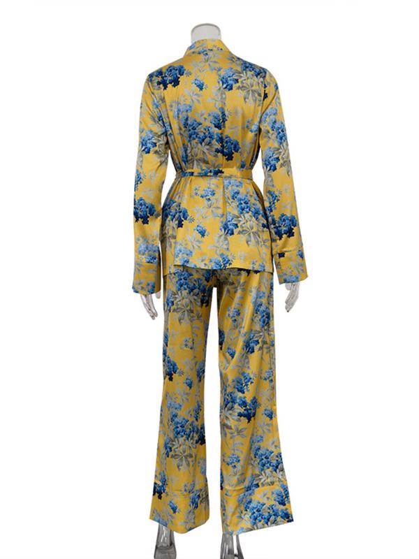 Loose Printed Split-Joint Deep V-Neck Lace-Up Blouse + Drawstring Elasticity Pants Trousers Two Pieces Set Product Image